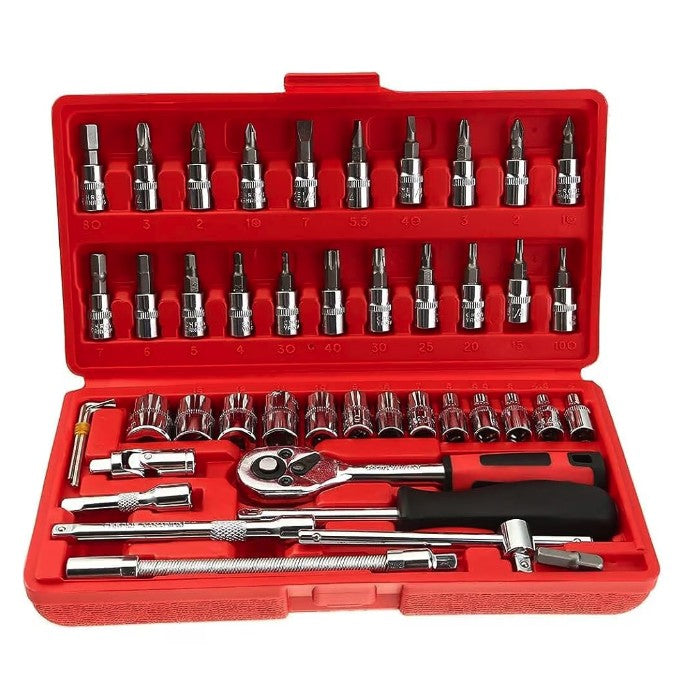 Chei tubulare Set 46 de Piese, Klevo, Trusa Scule de Reparatii Auto, Prelungitoare Rigid si Flexibil, Articulatie Cardanica, Antrenor de Forta Glisant, Adaptoare, Maner pentru Surubelnita, 23 x 12 x 4 cm, 1.9 kg, Cutie Rosie