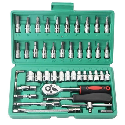 Chei tubulare Set 46 de Piese, Klevo, Trusa Scule de Reparatii Auto, Prelungitoare Rigid si Flexibil, Articulatie Cardanica, Antrenor de Forta Glisant, Adaptoare, Maner pentru Surubelnita, 23 x 12 x 4 cm, 1.9 kg, Cutie Verde
