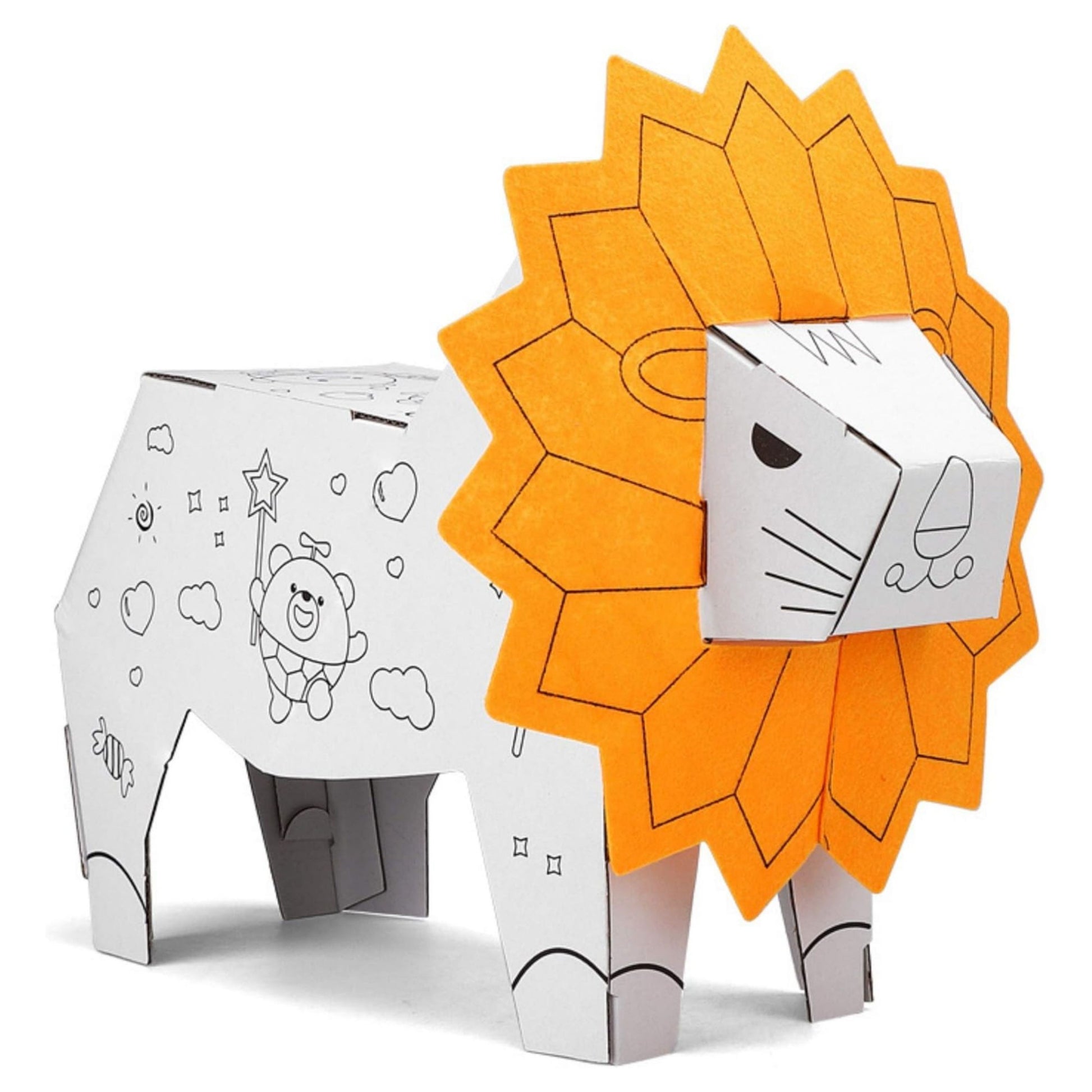 Jucarie Educativa pentru Copii, Klevo, Model Leu 3D, Puzzle 3D de Asamblat si Colorat din Carton, Educativ, 41 x 12 x 33 cm, 3+ ani, Maro/Alb