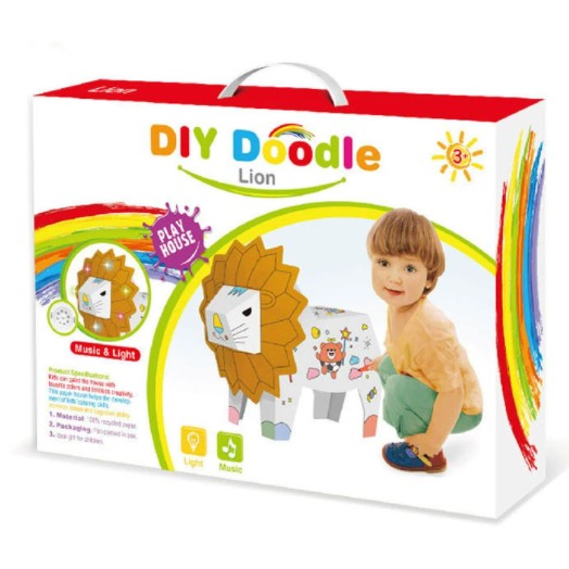 Jucarie Educativa pentru Copii, Klevo, Model Leu 3D, Puzzle 3D de Asamblat si Colorat din Carton, Educativ, 41 x 12 x 33 cm, 3+ ani, Maro/Alb