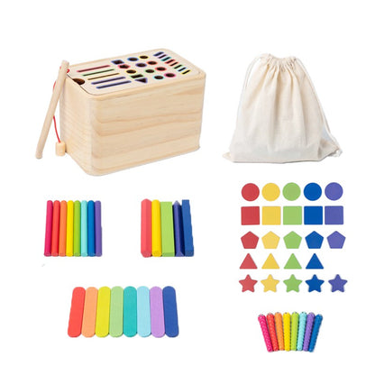 Jucarie Educativa Montessori Klevo din Lemn, Cutie Sortare Forme, Culori si Betisoare, Joc de Insirare, 56 piese, Dezvoltare Motricitate Fina, Copii 3+ ani, Multicolor