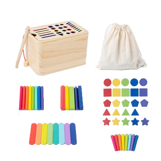 Jucarie Educativa Montessori Klevo din Lemn, Cutie Sortare Forme, Culori si Betisoare, Joc de Insirare, 56 piese, Dezvoltare Motricitate Fina, Copii 3+ ani, Multicolor