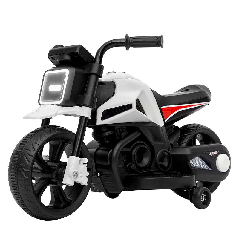 Motocicleta Electrica cu 2 Roti Mari si 2 Roti Ajutatoare, Klevo, Acumulator Incarcare, Anti-Rasturnare, Lumini, Muzica, Motor:380, Baterie 6V4.5, 41.5x70x34 cm, 4.5 Kg, 3 Ani+, Alb Negru