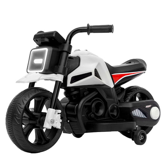 Motocicleta Electrica cu 2 Roti Mari si 2 Roti Ajutatoare, Klevo, Acumulator Incarcare, Anti-Rasturnare, Lumini, Muzica, Motor:380, Baterie 6V4.5, 41.5x70x34 cm, 4.5 Kg, 3 Ani+, Alb Negru