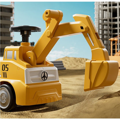 Excavator Manual pentru copii, Klevo, 3 ani, Sport, Claxon, Cutie Depozitare, Lumini, Scaun, 62x26x47 cm, Galben
