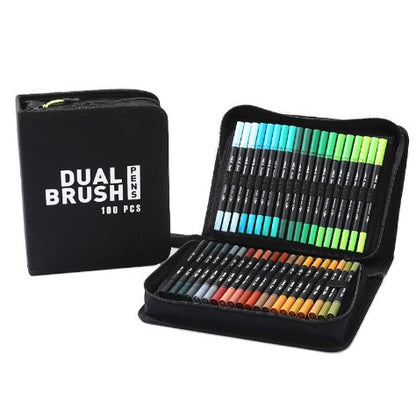 Set Carioci pe Baza de Apa, Klevo, 2 in 1, pentru Pictura, Caligrafie, 100 Culori, Penar Negru, Corp Carioca Negru, 23.5 x 19.5 x 7.5 cm, Multicolor