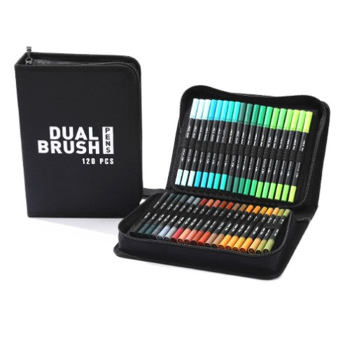 Set Carioci pe Baza de Apa, Klevo, 2 in 1, pentru Pictura, Caligrafie, 120 Culori, Penar Negru, Corp Carioca Negru, 27.5 x 19.5 x 8 cm, Multicolor