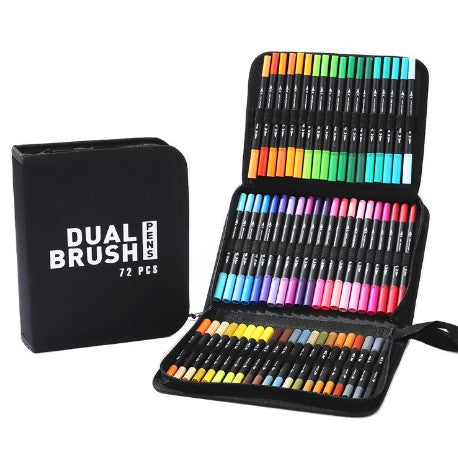 Set Carioci pe Baza de Apa, Klevo, 2 in 1, pentru Pictura, Caligrafie, 72 Culori, Penar Negru, Corp Carioca Negru, 24.5 x 18.5 x 5 cm, Multicolor