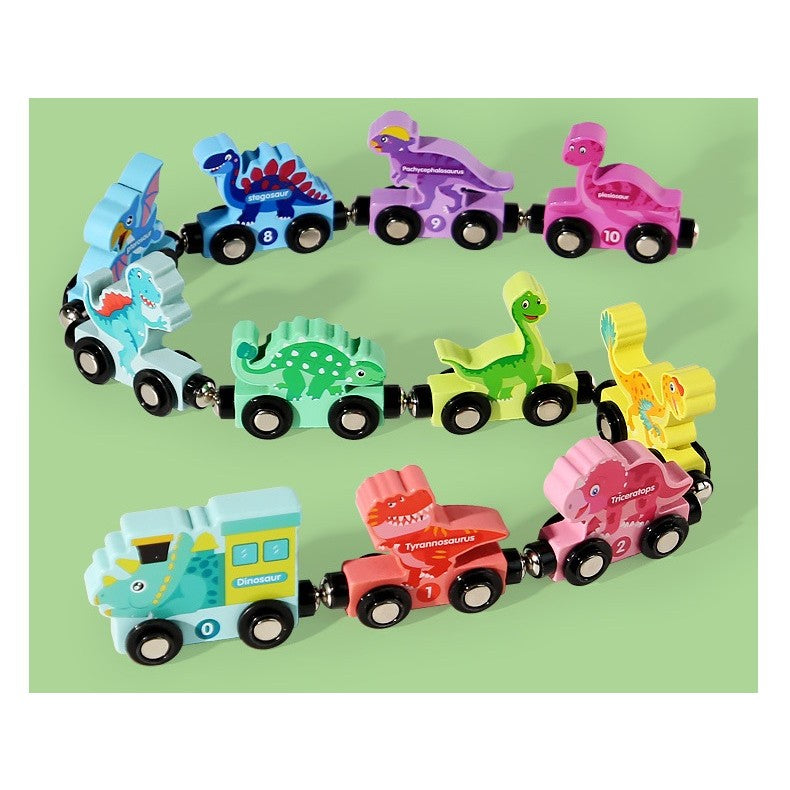 Trenulet Magnetic, Klevo, din Lemn, Model Dinozauri, 10 Animale, +3 Ani, Jucarie de Asamblat, Multicolor