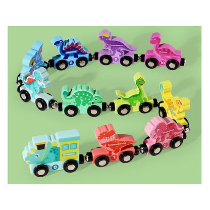 Trenulet Magnetic, Klevo, din Lemn, Model Dinozauri, 10 Animale, +3 Ani, Jucarie de Asamblat, Multicolor