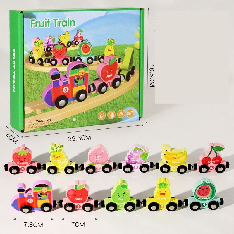Trenulet Magnetic, Klevo, din Lemn, Model 10 Fructe, +3 Ani, Jucarie de Asamblat, Multicolor