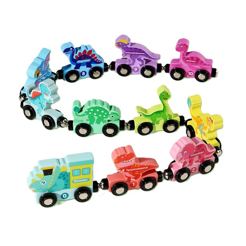 Trenulet Magnetic, Klevo, din Lemn, Model Dinozauri, 10 Animale, +3 Ani, Jucarie de Asamblat, Multicolor