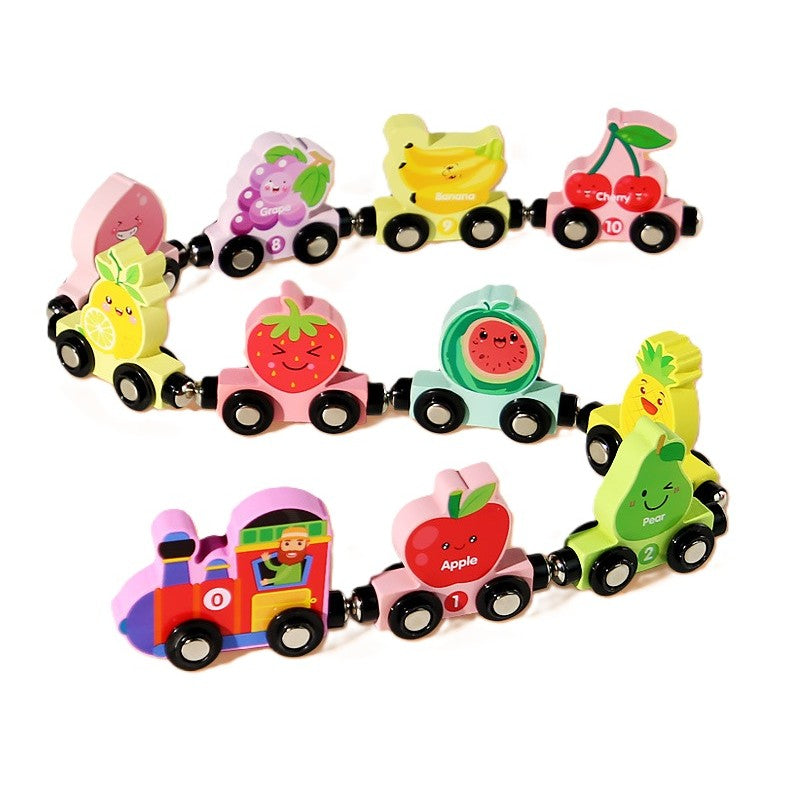 Trenulet Magnetic, Klevo, din Lemn, Model 10 Fructe, +3 Ani, Jucarie de Asamblat, Multicolor