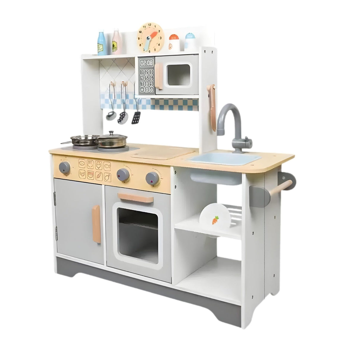 Bucatarie Multifunctionala pentru Copii, Klevo, Stil Montessori, Set Complet din Lemn, Include Plita, Cuptor, Chiuveta, Spatiu de Depozitare, 76.6 x 69 cm, Gri/Multicolora