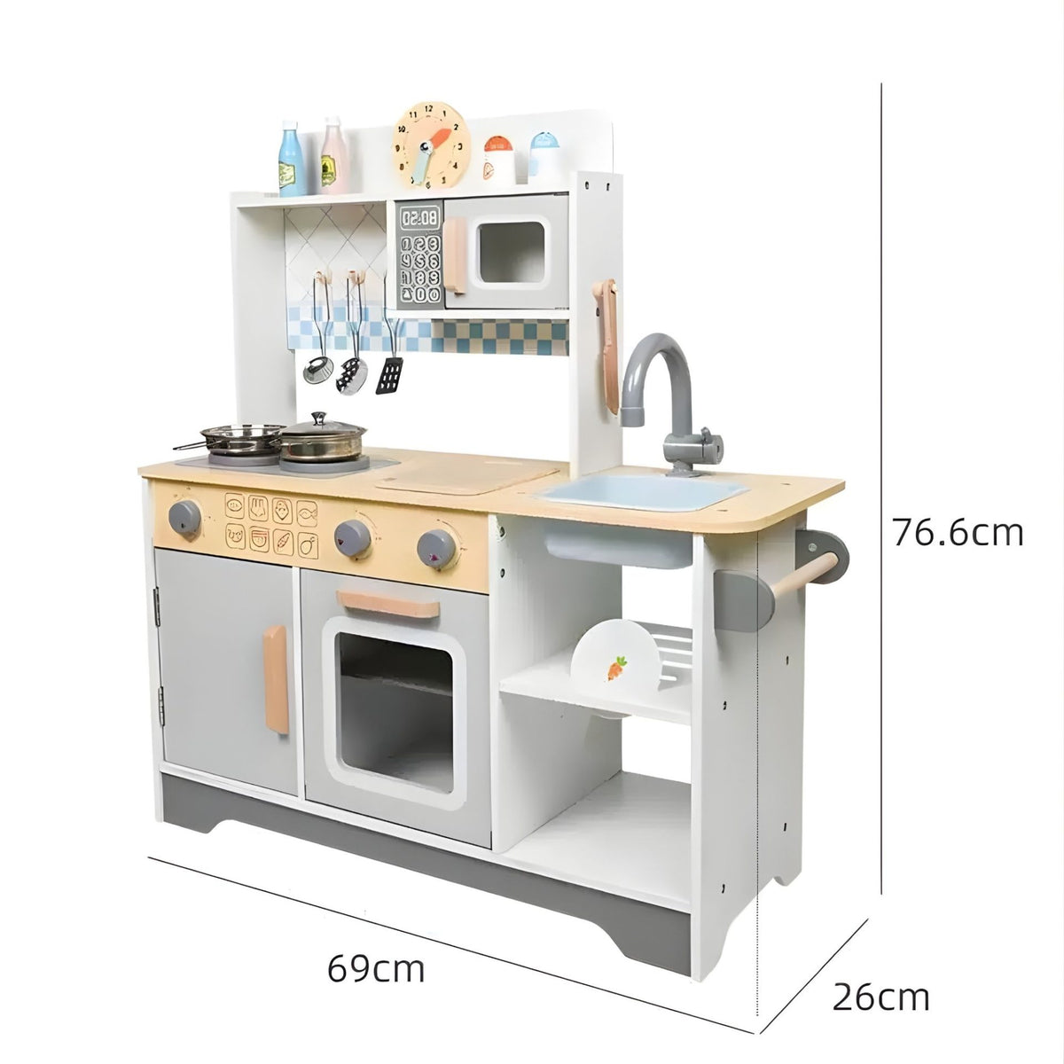 Bucatarie Multifunctionala pentru Copii, Klevo, Stil Montessori, Set Complet din Lemn, Include Plita, Cuptor, Chiuveta, Spatiu de Depozitare, 76.6 x 69 cm, Gri/Multicolora