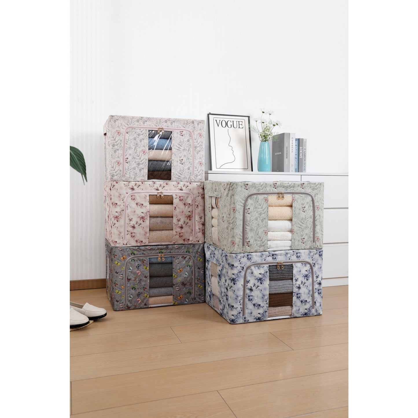 Cutie Depozitare, Klevo, 66L, din Material Textil, 50 x 40 x 33 cm, pentru Haine si Lenjerii, Model Fluturasi, Gri Inchis