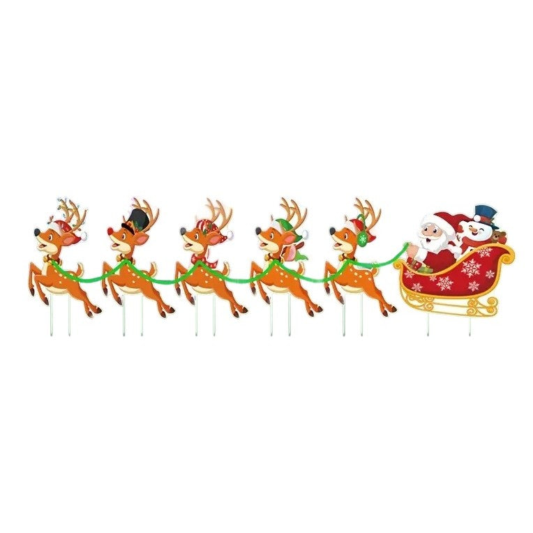 Decoratiune de Craciun, Klevo, pentru Gradina, Tip Trenulet, 6 Figurine + Bete de Infipt in Pamant, din Plastic, Impermeabil, Model Mos Craciun cu Renii, Multicolor