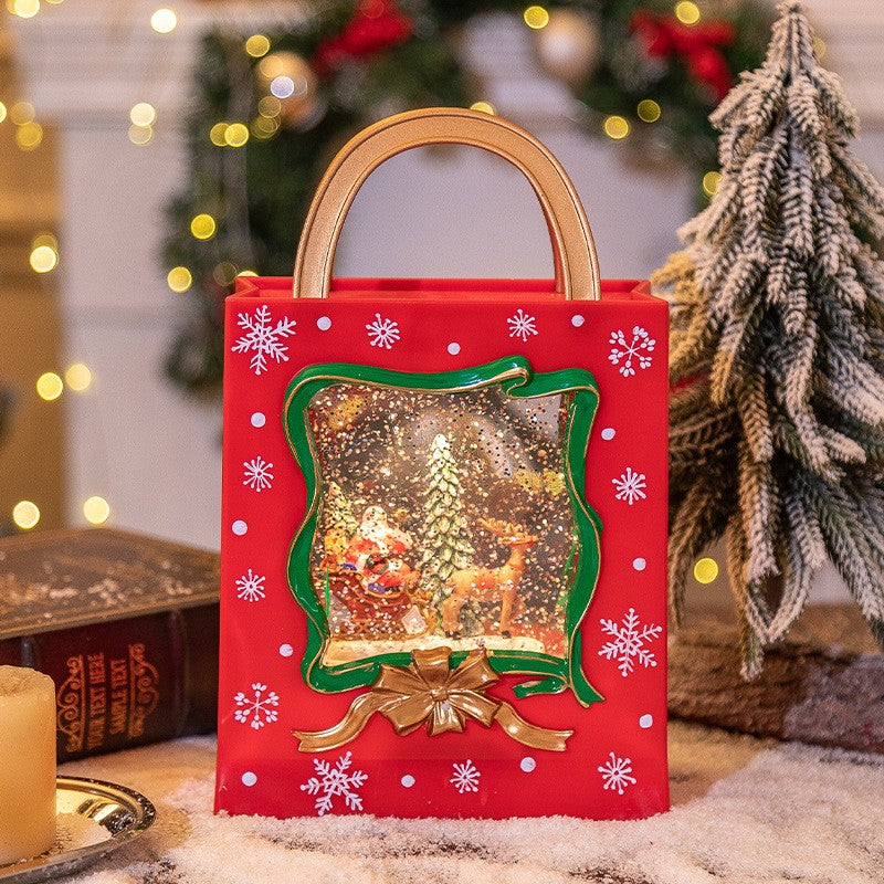 Decoratiune de Craciun, Klevo, Model Sacosa Cadou cu Mos Craciun si Ren, Iluminare LED si Efect Zapada, 23 x 15 x 7.3 cm, Rosu