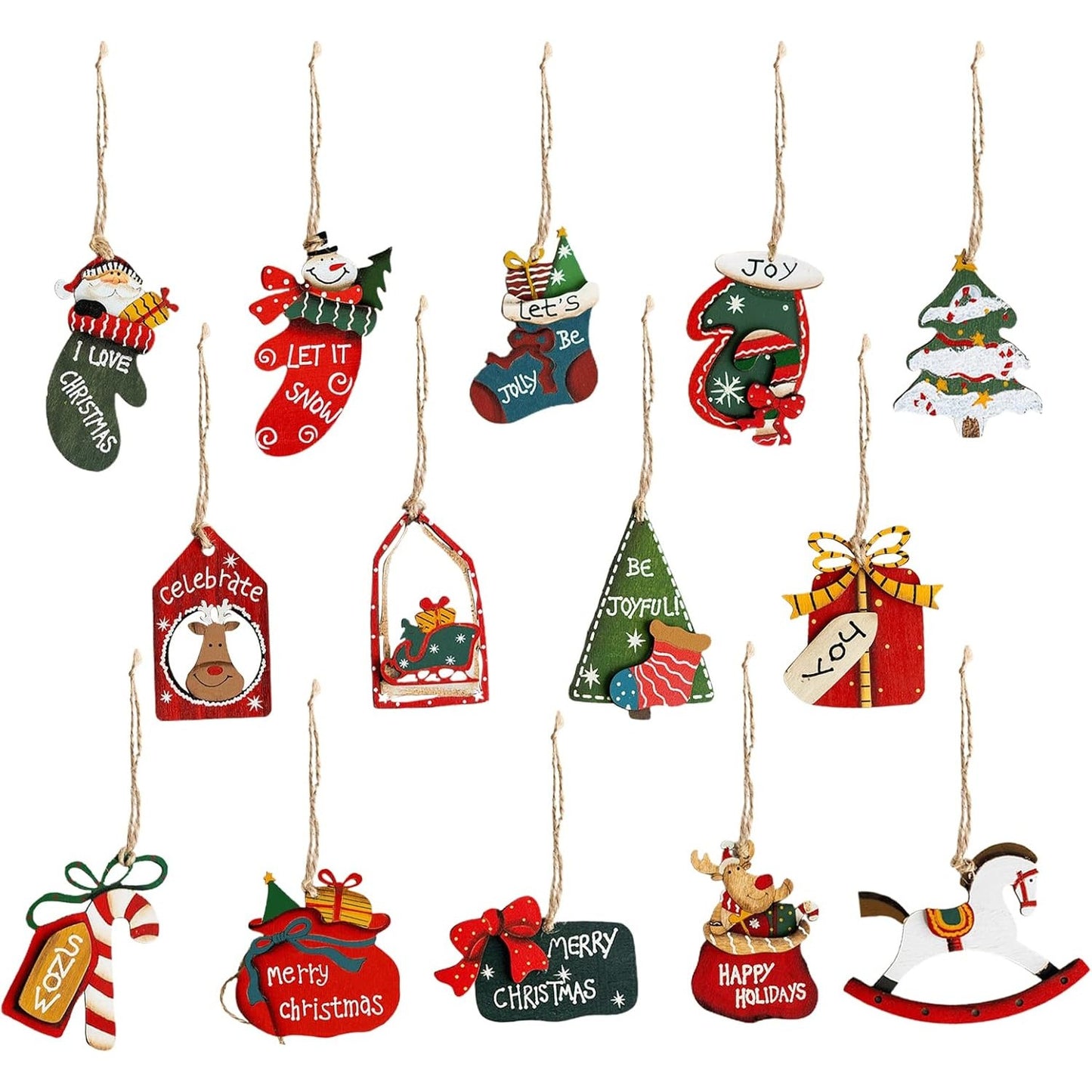 Set 14 Decoratiuni de Craciun, Klevo, pentru Brad, 5 - 9.5 cm, din Lemn, Multicolor