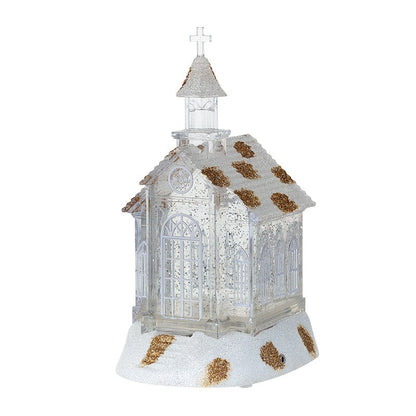 Decoratiune de Craciun, Klevo, Model Bisericuta Transparenta cu Sclipici, Iluminare LED si Efect Zapada, 22 x 13 x 11.5 cm, Alb Transparent