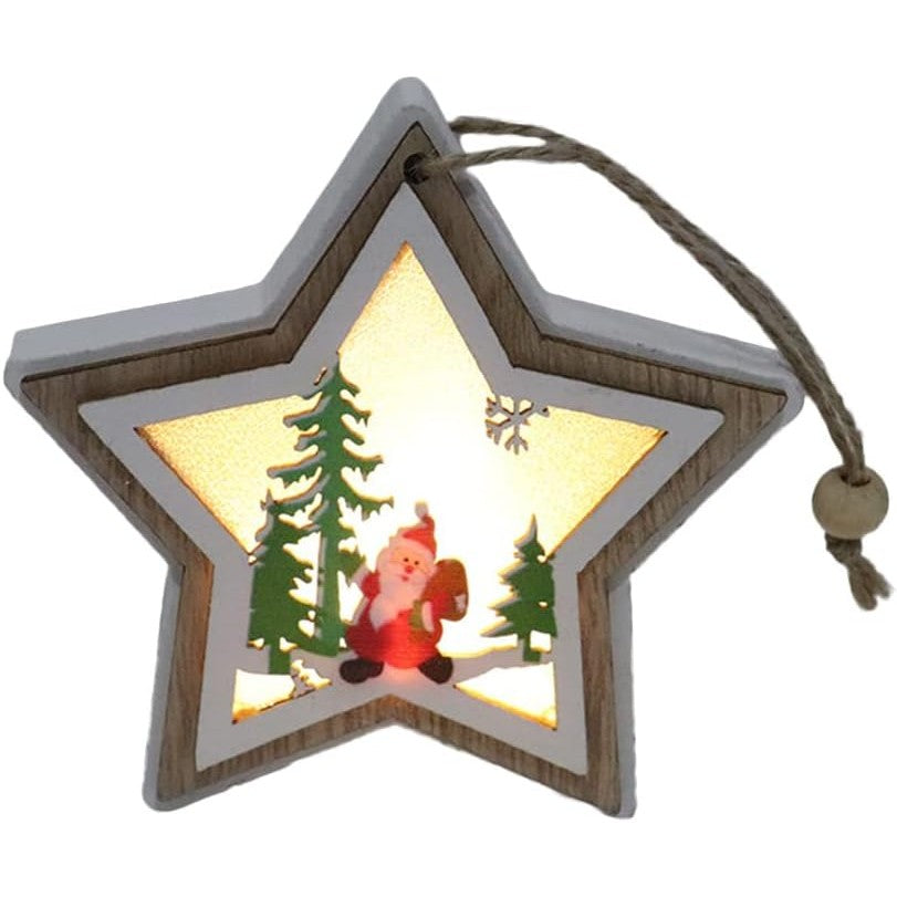 Ornament de Brad, Klevo, cu Lumini LED, din Lemn, Model Stea, Multicolor