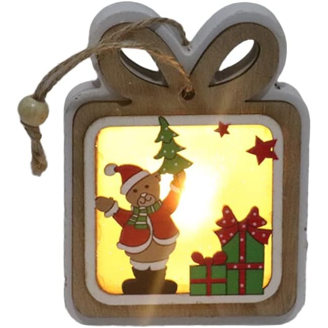 Ornament de Brad, Klevo, cu Lumini LED, din Lemn, Model Cadou, Multicolor