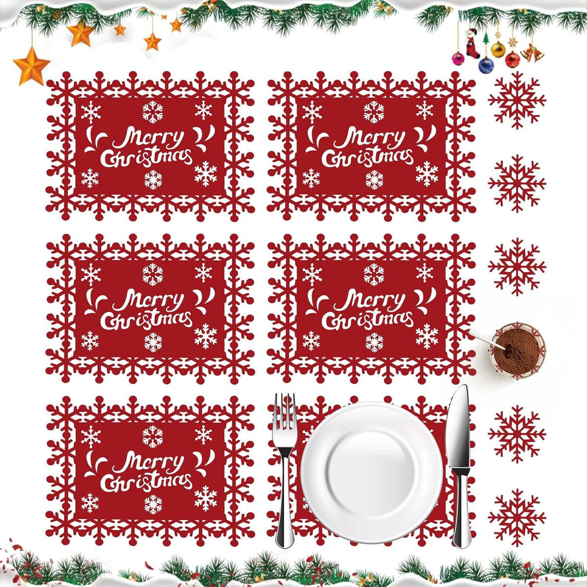 Set 12 Servete pentru Masa si Suporturi de Pahare/Tacamuri, Klevo, Scris Merry Christmas, 6 Servete 25x35 cm, 6 Suporturi de 10x10 cm, Rosu