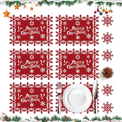 Set 12 Servete pentru Masa si Suporturi de Pahare/Tacamuri, Klevo, Scris Merry Christmas, 6 Servete 25x35 cm, 6 Suporturi de 10x10 cm, Rosu