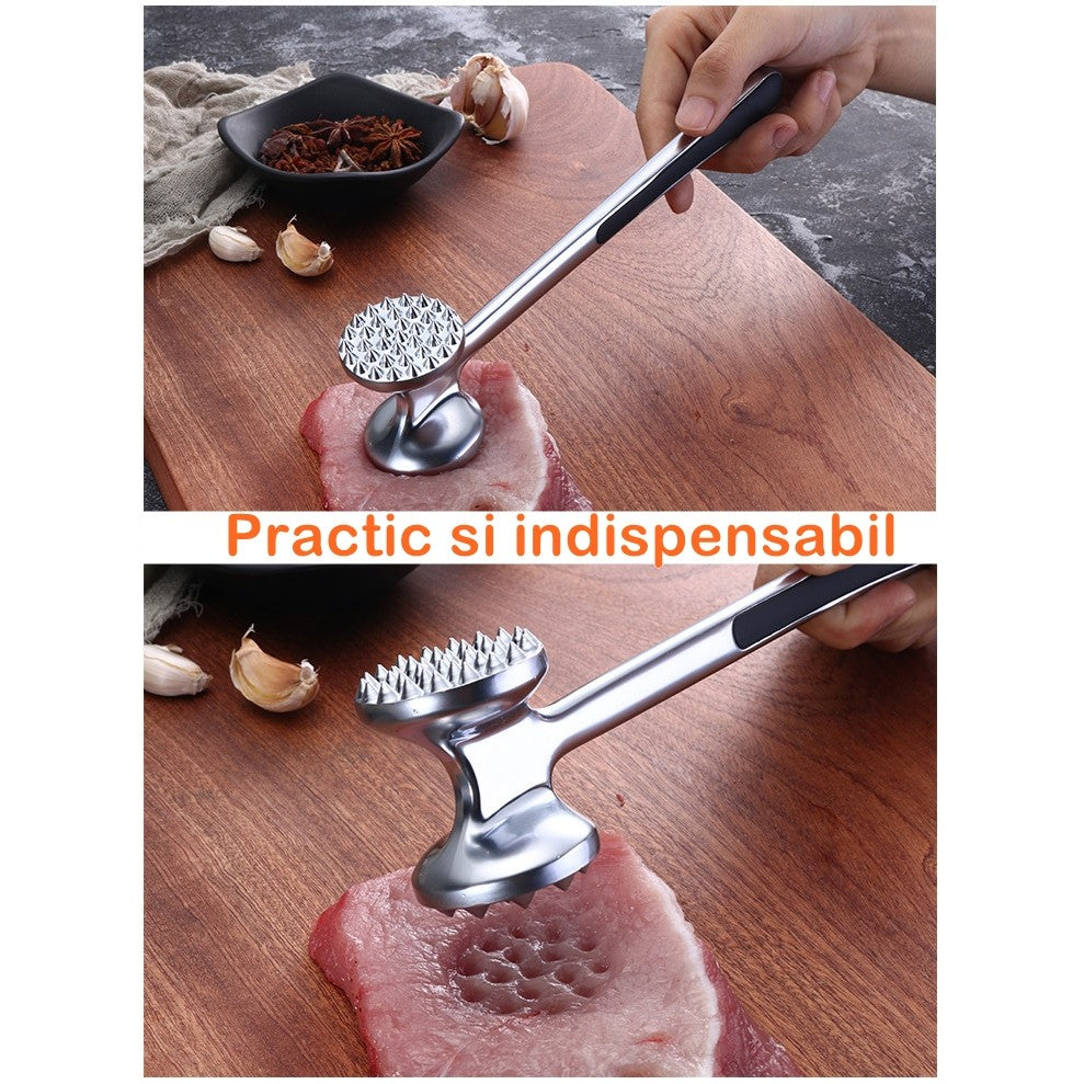 Ciocan pentru snitele si carne Klevo, din aliaj de zinc, maner antialunecare, doua capete, 22 cm, argintiu