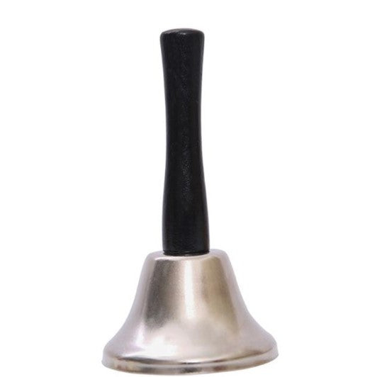 Clopotel de mana, argintiu, metalic, maner de lemn, lungime 12 cm, diametru 5cm, Klevo