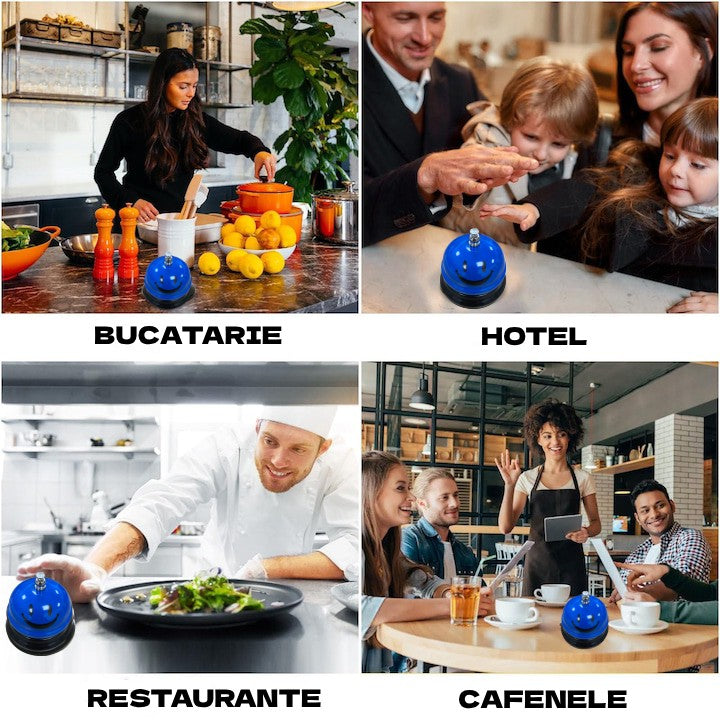 Clopotel Metalic Multifunctional, Klevo, Albastru cu Imprimeu Smiley Face, 7.5x7.5x6.5 cm, Receptie, Restaurant, Cafenele