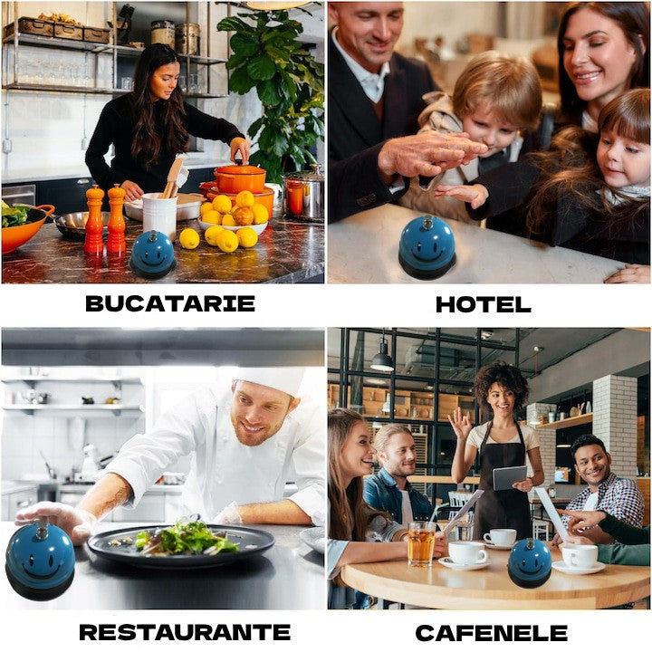 Clopotel Metalic Multifunctional, Klevo, Albastru Deschis cu Imprimeu Smiley Face, 7.5x7.5x6.5 cm, Receptie, Restaurant