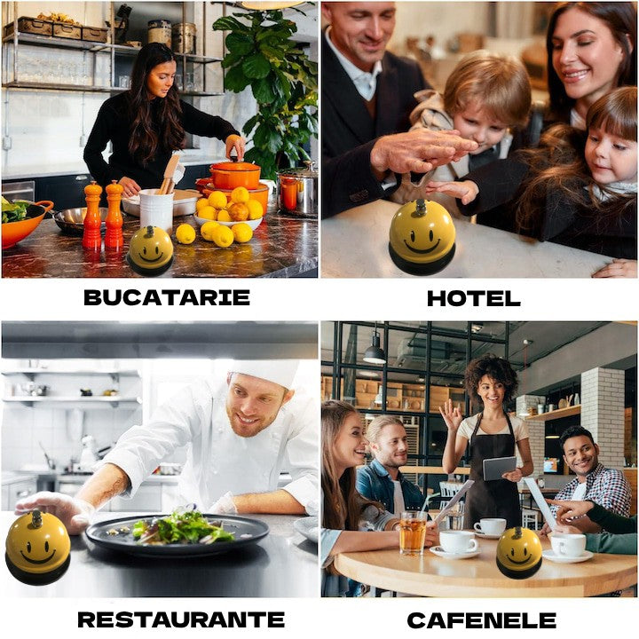 Clopotel Metalic Multifunctional, Klevo, Galben cu Imprimeu Smiley Face, 7.5x7.5x6.5 cm, Receptie, Restaurant, Cafenele