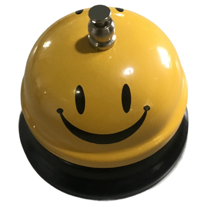 Clopotel Metalic Multifunctional, Klevo, Galben cu Imprimeu Smiley Face, 7.5x7.5x6.5 cm, Receptie, Restaurant, Cafenele