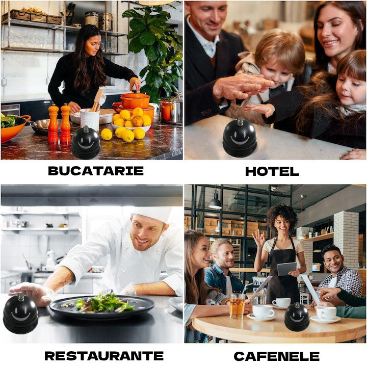 Clopotel Metalic Multifunctional, Klevo, Negru cu Imprimeu Smiley Face, 7.5x7.5x6.5 cm, Receptie, Restaurant, Cafenele