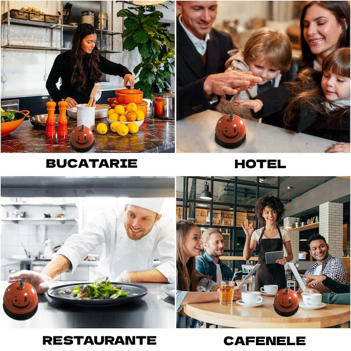 Clopotel Metalic Multifunctional, Klevo, Portocaliu cu Imprimeu Smiley Face, 7.5x7.5x6.5 cm, Receptie, Restaurant, Cafenele