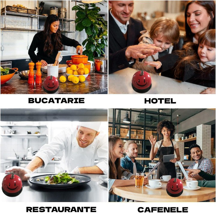 Clopotel Metalic Multifunctional, Klevo, Rosu cu Imprimeu Smiley Face, 7.5x7.5x6.5 cm, Receptie, Restaurant, Cafenele