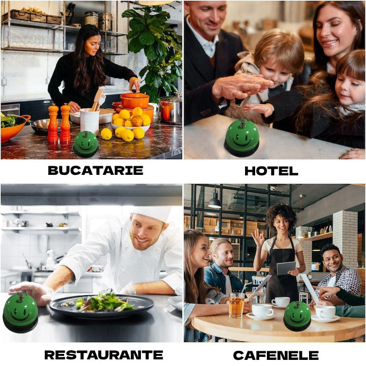 Clopotel Metalic Multifunctional, Klevo, Verde cu Imprimeu Smiley Face, 7.5x7.5x6.5 cm, Receptie, Restaurant, Cafenele