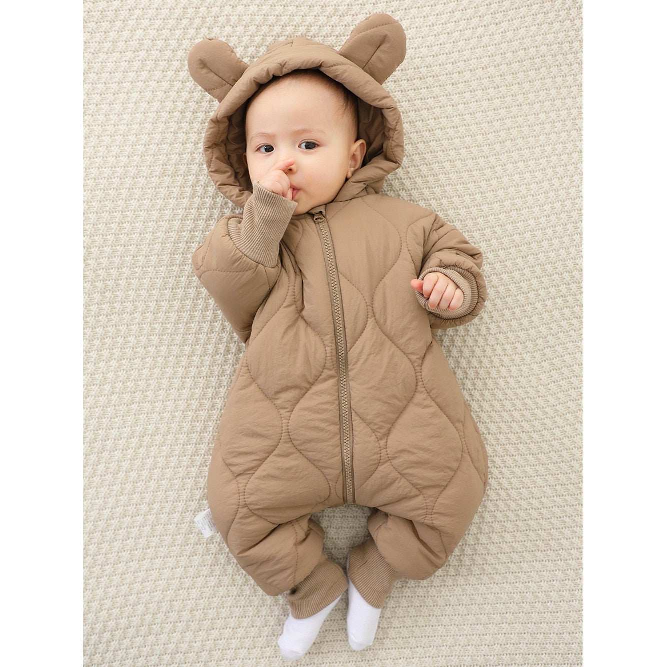 Combinezon de Iarna, Klevo, pentru Bebelusi, din Bumbac, cu Urechi, Mansete Elastice, Unisex, 66 cm, Maro