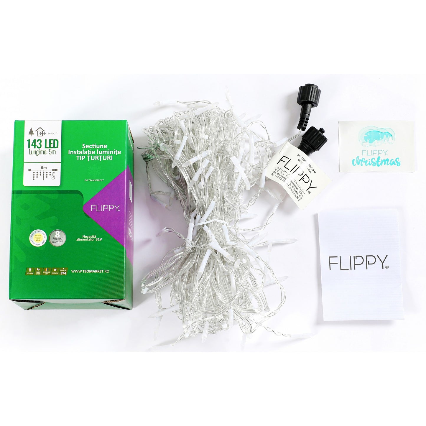 Sectiune Instalatie de Craciun, Klevo®, Tip Turturi, Fara Alimentator, 5m, 143 LED-uri, 8 Jocuri de Lumini, Fir Transparent, Lumina Alb Cald, IP44, Interconectabila