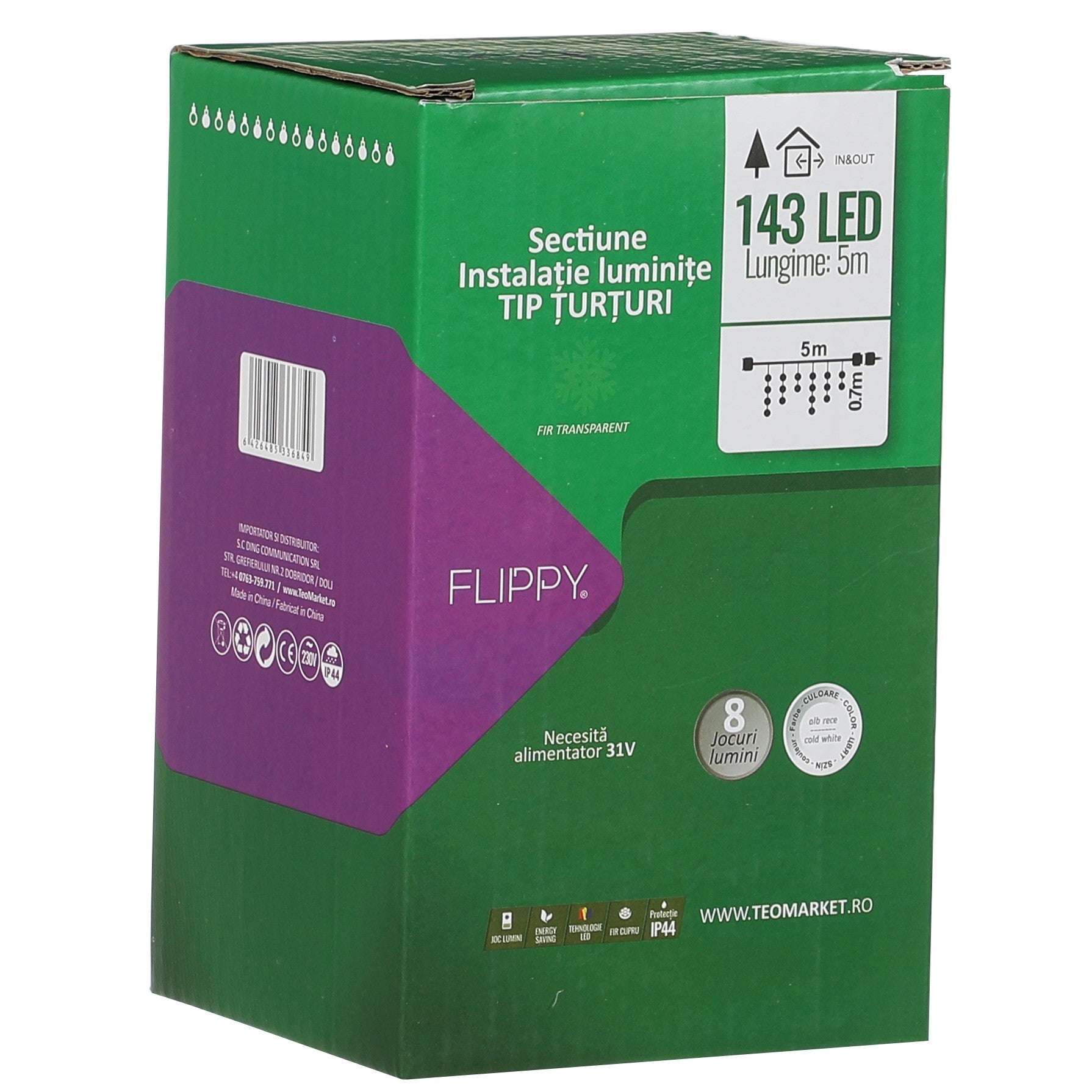 Componenta Instalatie de Craciun Klevo® Tip Franjuri, 8 jocuri de lumini Sectiune 5 m, 143 LED-uri, Interconectabila, Fir Transparent, Alb Rece, Nu contine Transformator !