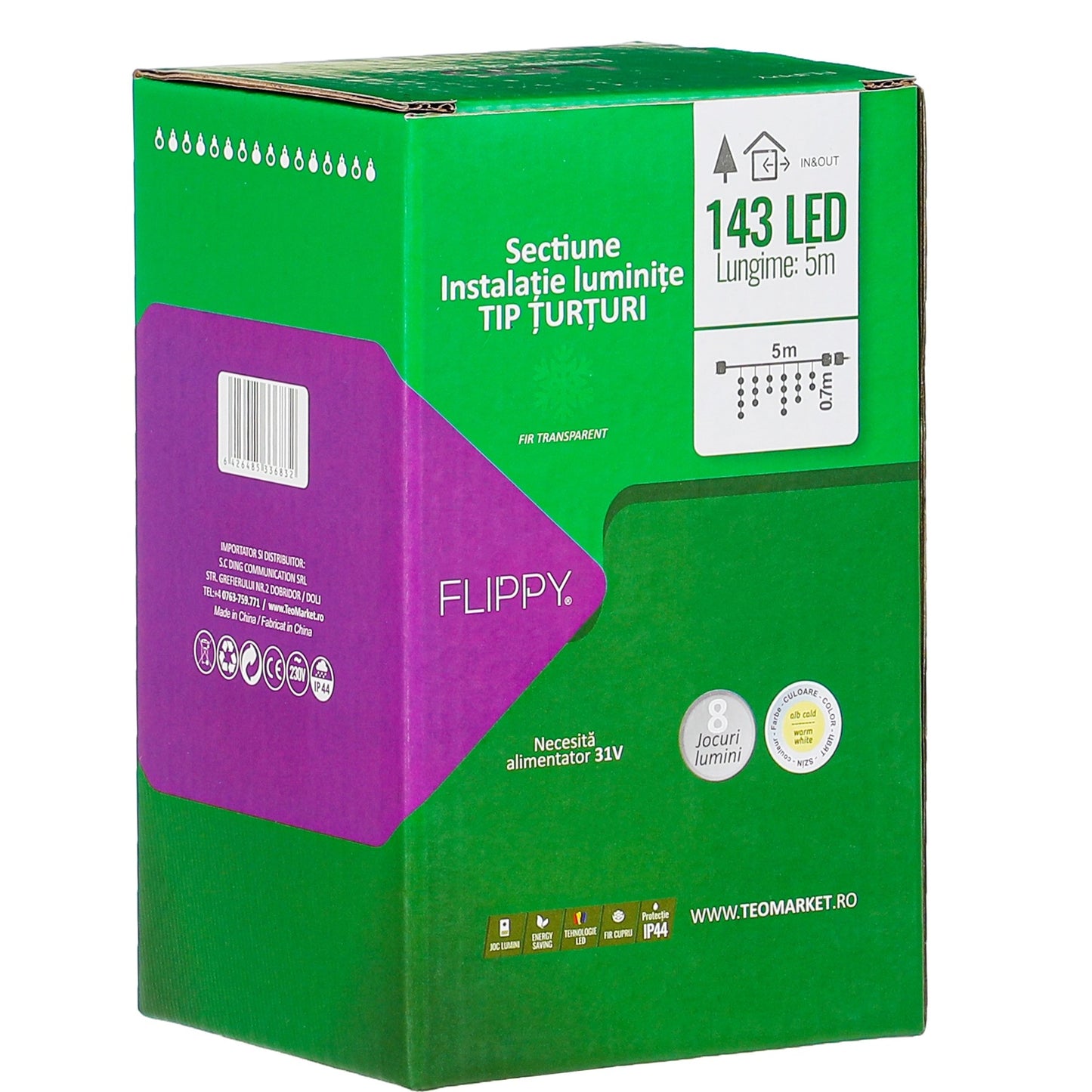 Sectiune Instalatie de Craciun, Klevo®, Tip Turturi, Fara Alimentator, 5m, 143 LED-uri, 8 Jocuri de Lumini, Fir Transparent, Lumina Alb Cald, IP44, Interconectabila