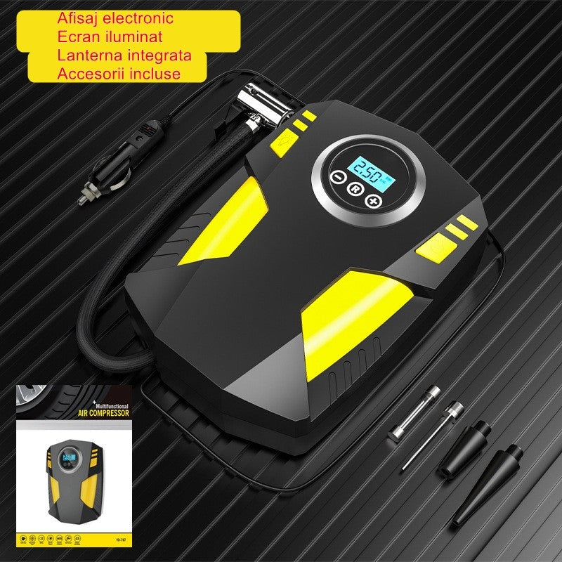 Compresor Auto Portabil cu Lanterna si Afisaj Electornic Klevo, DC 12V, 120W, 35L/min, Cablu de alimentare 3m, Pompa Biciclete, Moto, Mingi, Saltele, Max 10.3bar, lumina LED, Negru