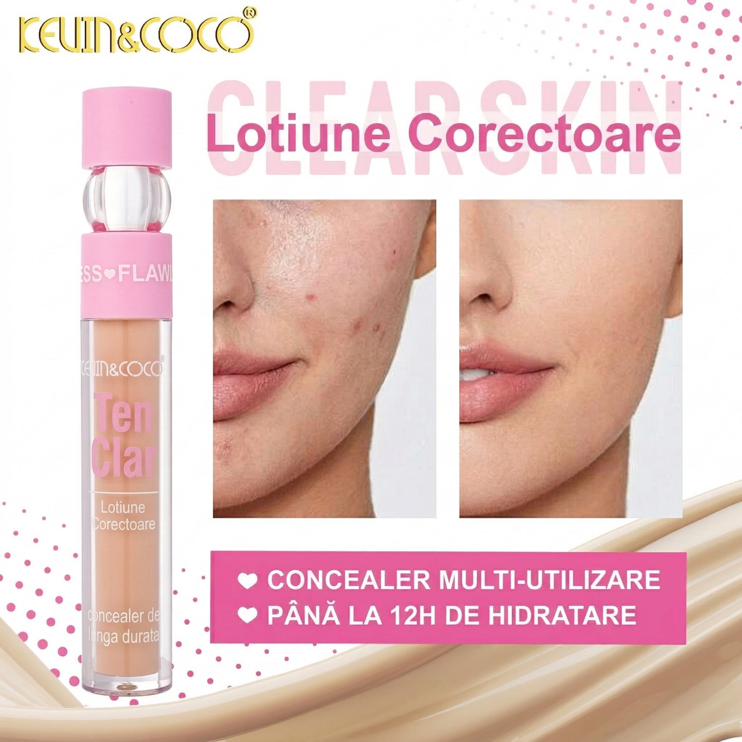 Corector Lichid pentru Ten, Kevin Coco, Model Clear Skin, Nuanta Bej Deschis Natural
