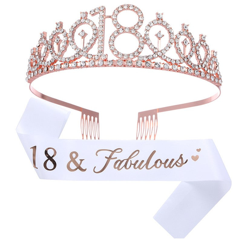 Set 2 Piese pentru Majorat, Klevo, 15 x 13 x 5 cm, Coronita Printesa Rose si Panglica 18&amp;Fabulous, Alb