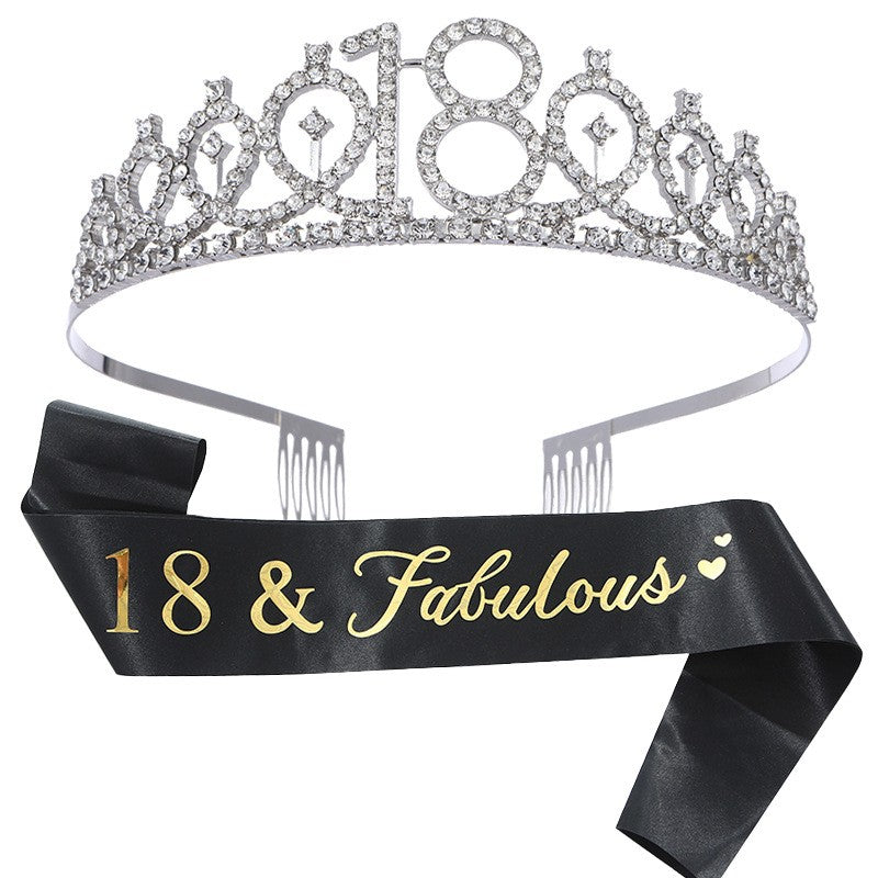 Set 2 Piese pentru Majorat, Klevo, 15 x 13 x 5 cm, Coronita Printesa Silver si Panglica 18&amp;Fabulous, Negru