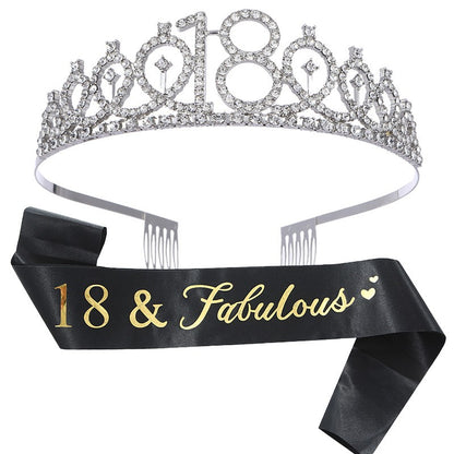 Set 2 Piese pentru Majorat, Klevo, 15 x 13 x 5 cm, Coronita Printesa Silver si Panglica 18&amp;Fabulous, Negru