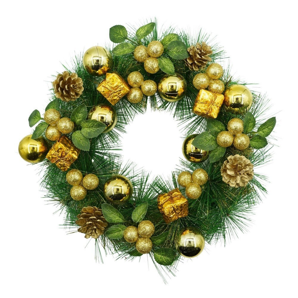 Coronita de Craciun pentru usa, Verde/Auriu, 35 cm, PVC, Artificiala, Decorata, Interior/Exterior, Klevo