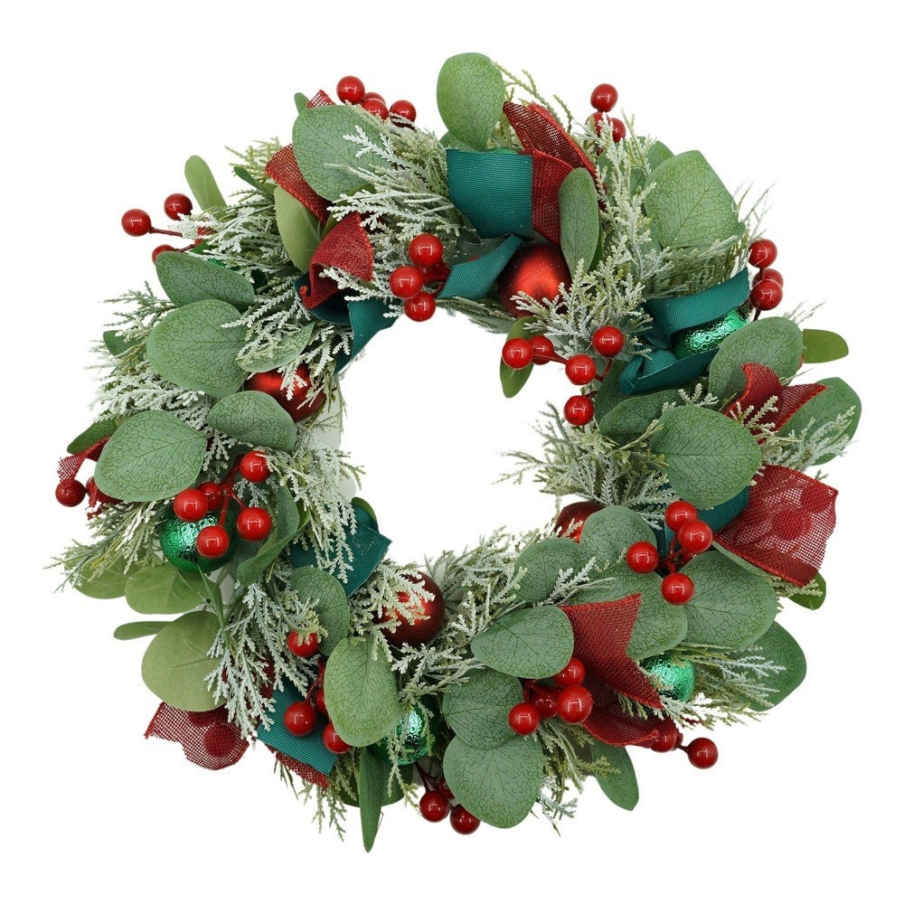 Coronita de Craciun pentru usa, Verde/Rosu, 40 cm, PVC, Artificiala, Decorata, Interior/Exterior, Klevo