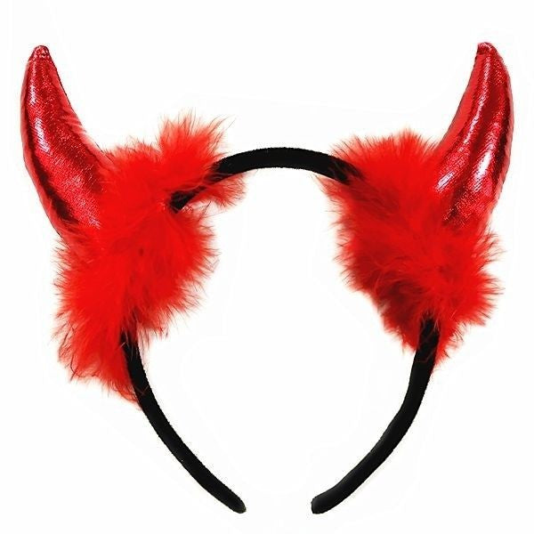Coronita Deghizare, Klevo, Model Cornite Devil, Rosu Satinat cu Puf Rosu, Marime Universala